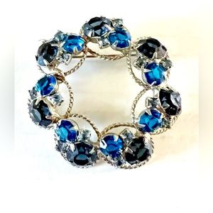 Vintage Circular Brooch with Three various Shades of Blues  Crystals